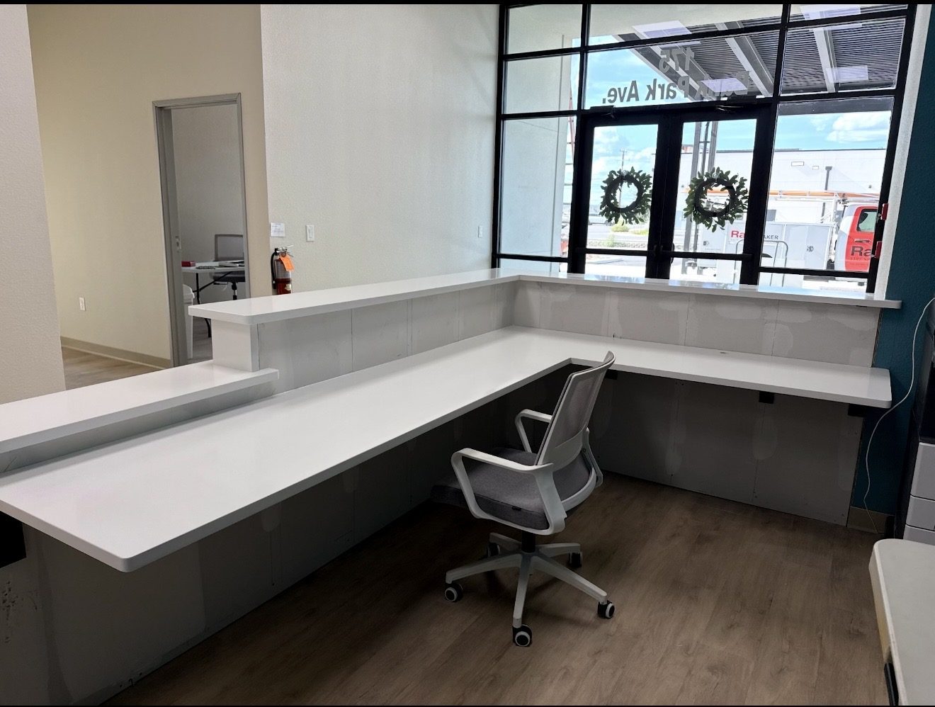 White quartz office reception and work counter, San Antonio TX